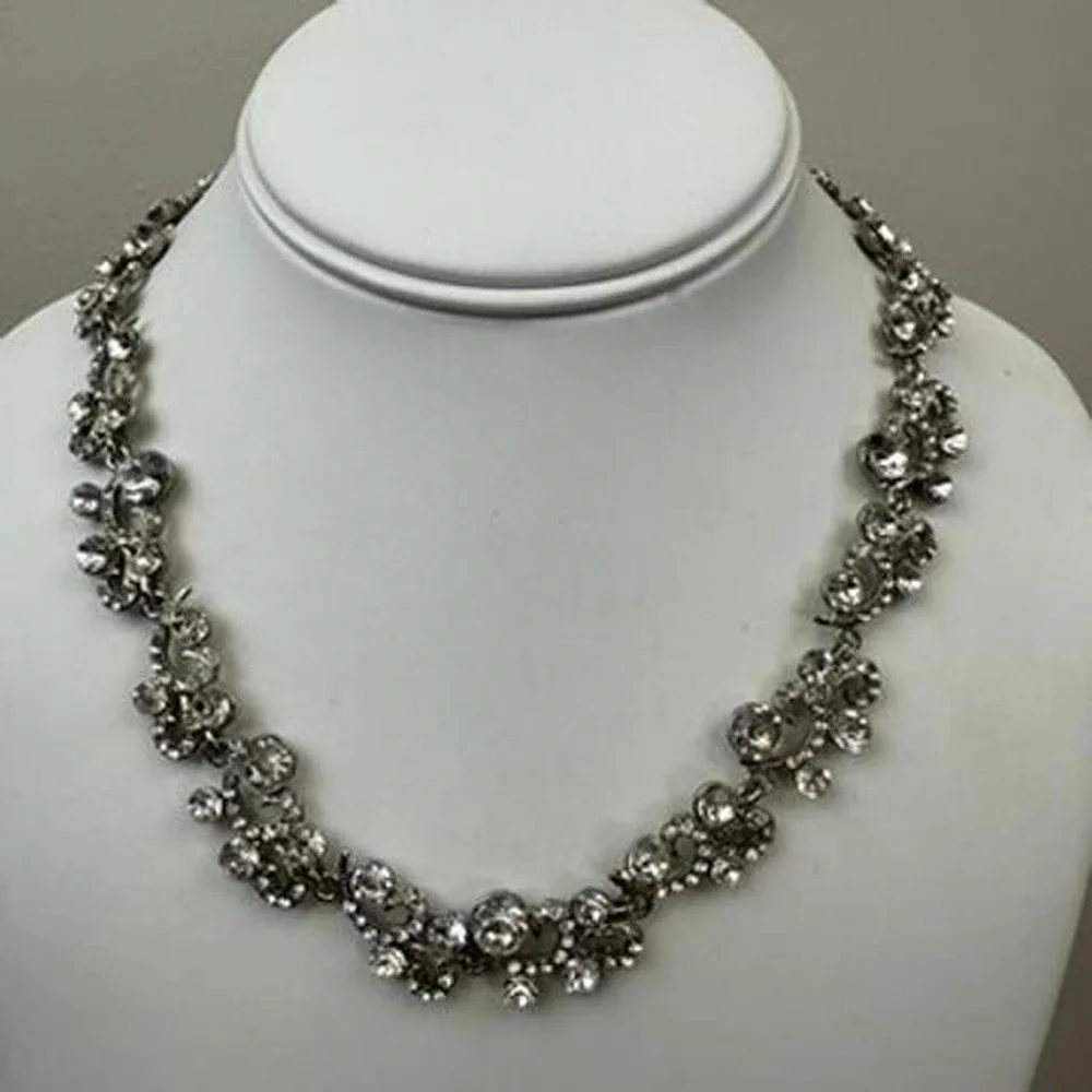 Rhinestone Crystal Statement Necklace Scrollwork Floral Silver Tone Collar